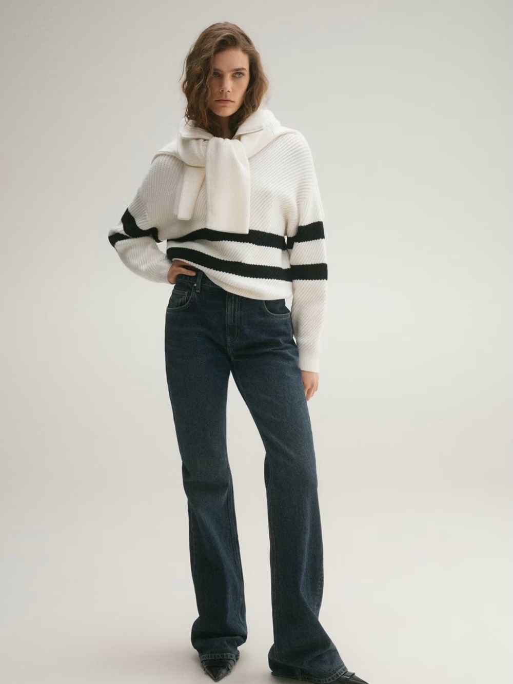 Mango White Quarter Zip Crewneck Sweater with Black Stripes - Picture 2 of 16